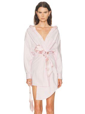AREA  ,Satin Knot Oxford Shirt Dress - baby pink L